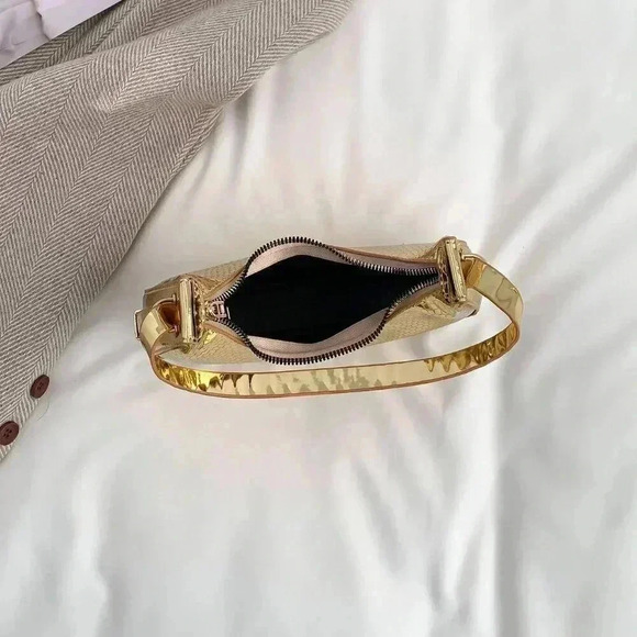 Gold Elegant Women's Metallic Embossed Hobo Bag Solid Color Shoulder Bag - Picture 4 of 4